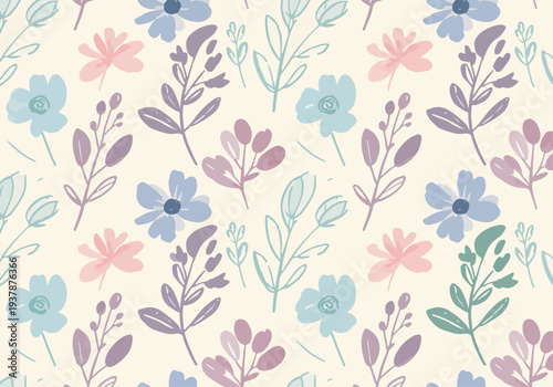 Cheerful hand-painted flowers in warm and cool tones creating a playful and soothing repeating botanical design