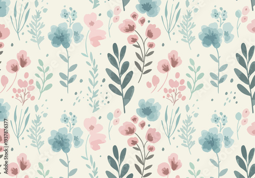 Pastel floral seamless vector background with Scandinavian flowers and leaves, decorative botanical pattern for textile prints and packaging.