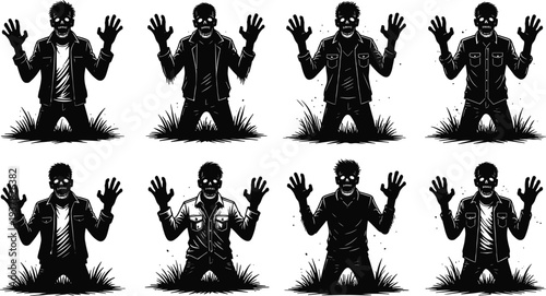 Creepy Zombie Man Rising from Ground Set, Horror Undead Character Silhouette Collection, Scary Halloween Graveyard Illustration Isolated on White Background Vector Design