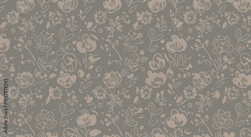 Soft pastel Scandinavian floral vector pattern with leaves and flowers arranged in seamless decorative botanical background for wallpaper and fabric.