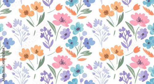 Scandinavian style floral seamless pattern with pastel flowers and leafy branches, decorative botanical vector background for textile printing.