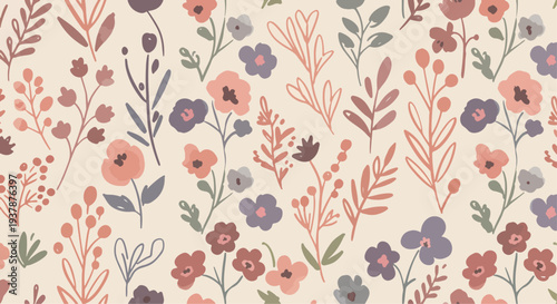 Cute pastel botanical seamless vector pattern with Scandinavian flowers and leaves, decorative floral background for nursery wallpaper and textile printing.