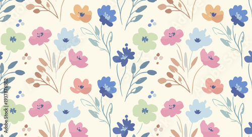 Soft pastel floral seamless vector pattern with simple Scandinavian flowers and leaves, decorative botanical background for wrapping paper and textiles.