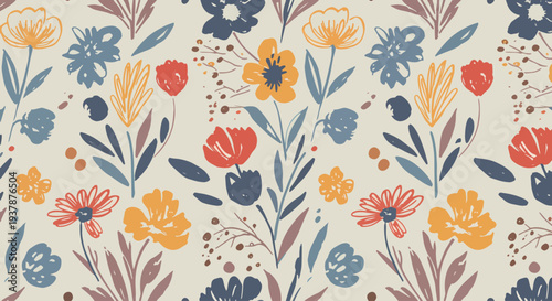 Pastel floral botanical seamless pattern with Scandinavian inspired flowers and leaves, decorative vector background perfect for textile printing and wallpaper.
