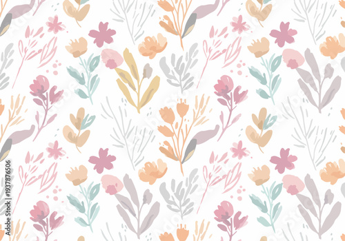 Minimal pastel botanical vector pattern with stylized flowers and leaves, Scandinavian decorative seamless background for fabric and wallpaper design.