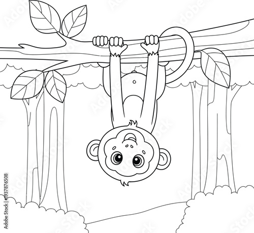 Monkey hanging upside down from a tree branch isolated on transparent background