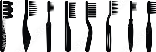 Toothbrush silhouettes collection set, flat vector illustration of various dental hygiene brushes isolated black icons