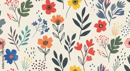 Scandinavian style pastel floral seamless vector pattern with leaves and flowers, decorative botanical background for wallpaper, fabric and wrapping paper.