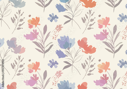 Pastel Scandinavian botanical seamless pattern with simple flowers and leafy branches, decorative vector background for textile prints and gift wrap.