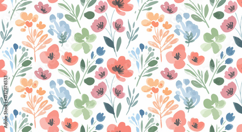 Charming pastel floral seamless vector pattern with Scandinavian flowers and leaves, decorative botanical background for wallpaper and fabric design.