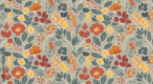 Hand drawn pastel botanical seamless vector background with Scandinavian flowers and leaves, decorative floral pattern for textiles and packaging.