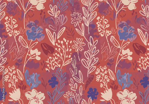 Charming pastel floral seamless vector pattern with Scandinavian flowers and leaves, decorative botanical background for wallpaper and fabric design.