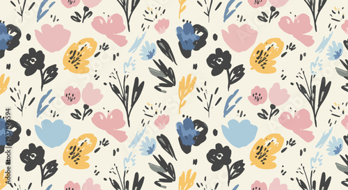 Soft pastel floral seamless pattern with stylized flowers and leaves, Scandinavian decorative vector background ideal for wallpaper and fabric printing.