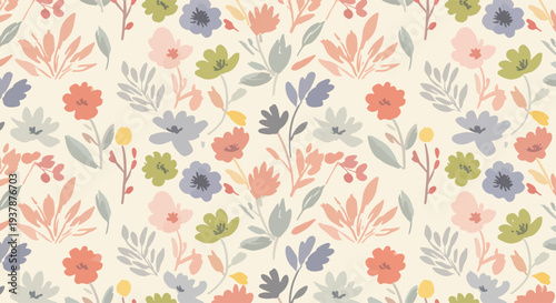 Pastel botanical seamless vector pattern with flowers, leaves and stems arranged in Scandinavian decorative style for textile printing and wallpaper design.