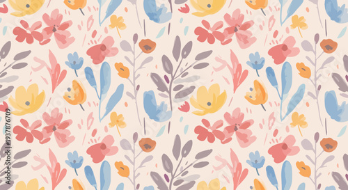 Hand drawn Scandinavian floral seamless pattern with pastel botanical elements, decorative vector background for fabric prints, wallpaper and wrapping paper.