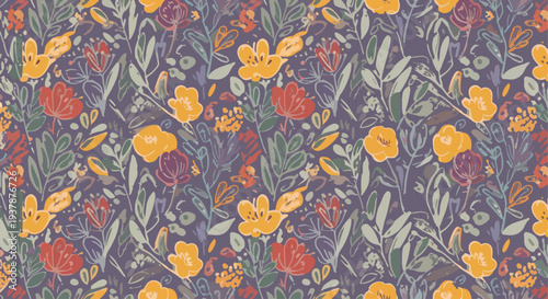 Soft pastel floral vector pattern with stylized flowers and leaves in Scandinavian style, seamless decorative botanical background for packaging and wallpaper.