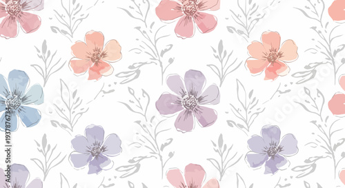 Pastel floral seamless vector background with minimal Scandinavian flowers, leaves and stems, decorative botanical pattern for textile, stationery and wrapping paper.
