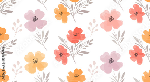 Cute pastel botanical seamless pattern with simple flowers and leaves, Scandinavian style decorative vector background for nursery wallpaper and fabric design.