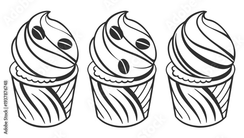Vector illustration of Line Art Sweet Treats: Three Vanilla Cupcakes with Coffee Beans in Cute Liners
