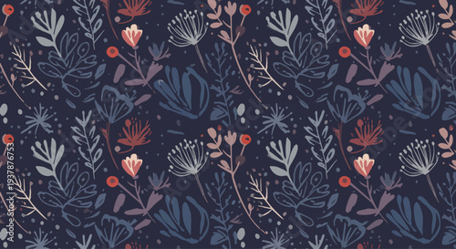 Scandinavian inspired botanical seamless pattern with pastel flowers and leaves, charming decorative vector background ideal for fabric prints and wallpaper design.