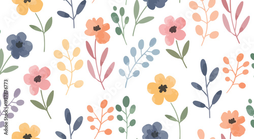 Pastel floral seamless vector background with minimal Scandinavian flowers, leaves and stems, decorative botanical pattern for textile, stationery and wrapping paper.
