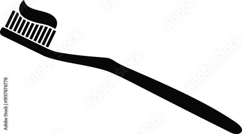 Toothbrush with toothpaste icon, flat vector illustration of dental hygiene tool isolated black silhouette on white background