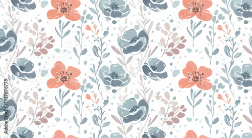 Pastel flowers and leaves seamless pattern in Scandinavian style, decorative botanical vector background perfect for wallpaper, fabric and packaging design.