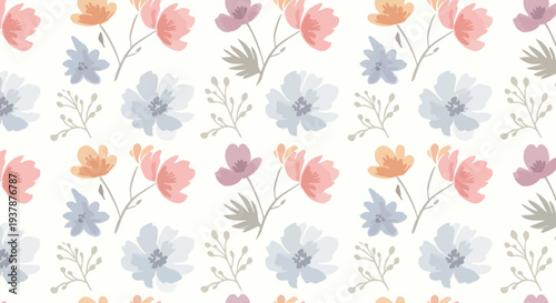 Elegant Scandinavian floral seamless vector pattern with pastel flowers and branches, decorative botanical background for textiles, stationery and gift wrapping.