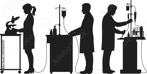 Scientists laboratory silhouettes collection set, flat vector illustration of medical research experiment lab technicians working with equipment