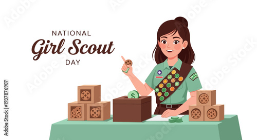Illustration of a girl scout in uniform stacking wooden blocks on a table for a national girl scout day celebration with a joyful mood.