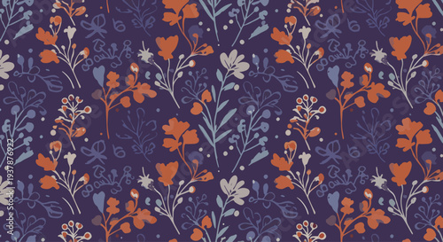 Charming pastel botanical seamless vector pattern with flowers, leaves and stems in Scandinavian style, decorative background ideal for fabric, wallpaper and wrapping paper.