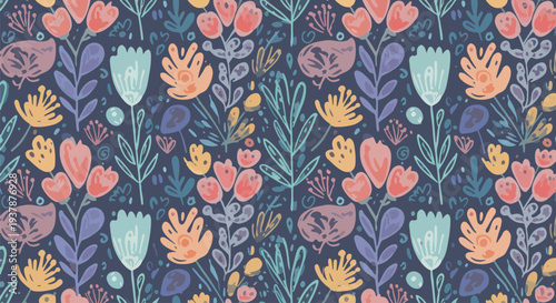 Soft Scandinavian floral vector background with pastel flowers, leaves and botanical branches arranged in seamless pattern for wallpaper, fabric printing and wrapping paper.