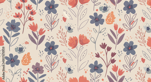 Pastel floral vector pattern with stylized Scandinavian flowers and leafy branches in seamless repeat, decorative botanical background for fabric, wallpaper and wrapping paper.