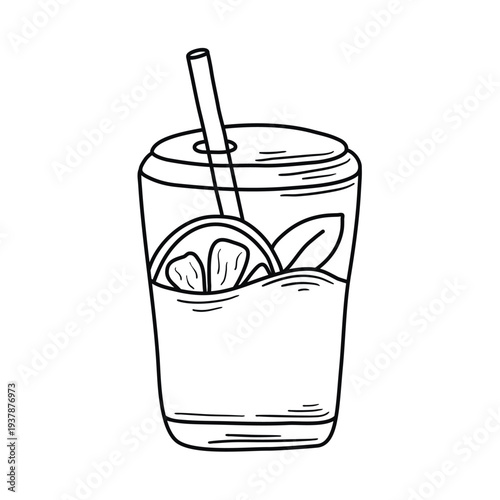 Refreshing drink to go, doodle sketch style. Hand drawn plastic cup of juice, lemon wedge, mint leaf and straw. Vector graphic