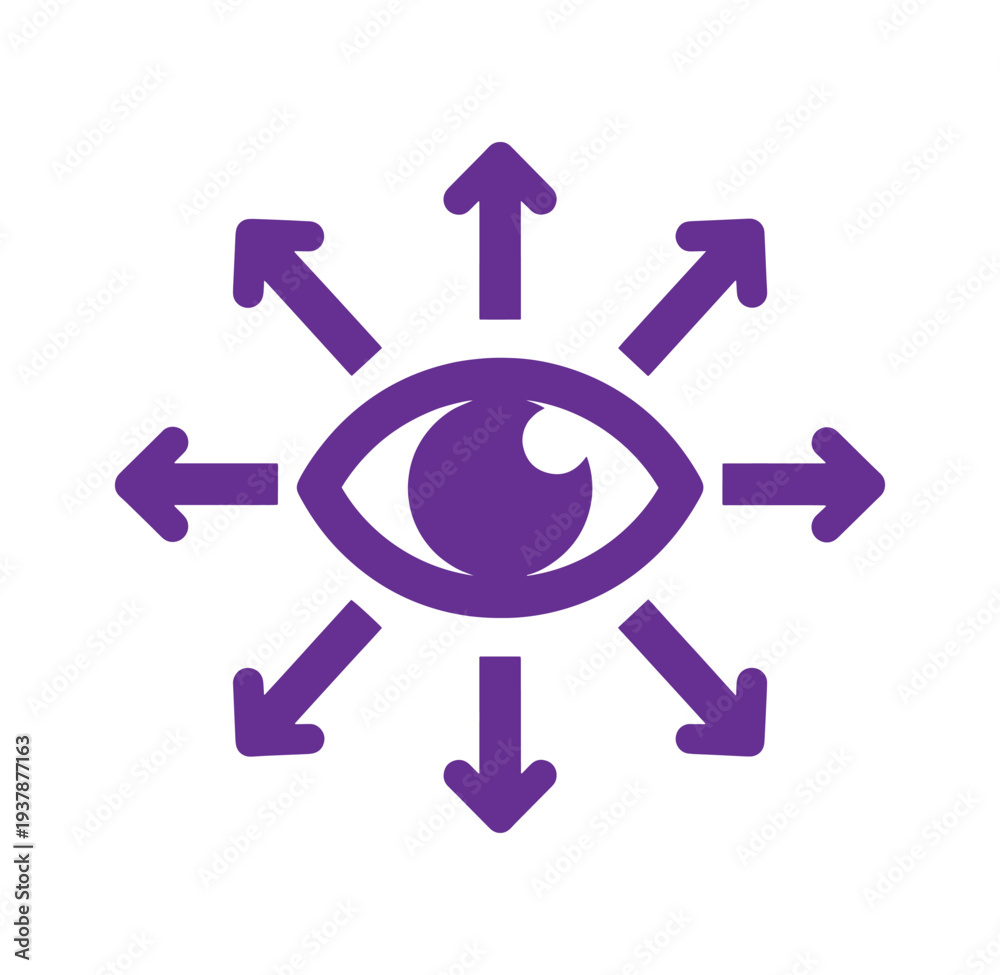 Obraz premium Purple eye icon with arrows pointing in all directions for vision and awareness concept