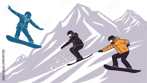 Vector illustration of Snowboarding and Skiing Extreme Sports on Snowy Mountains