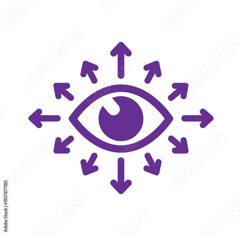 Purple eye icon with arrows radiating outward in all directions symbolizing vision and attention