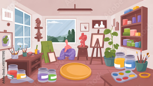 Artist's studio with painting supplies and colorful artwork in progress on easel and table