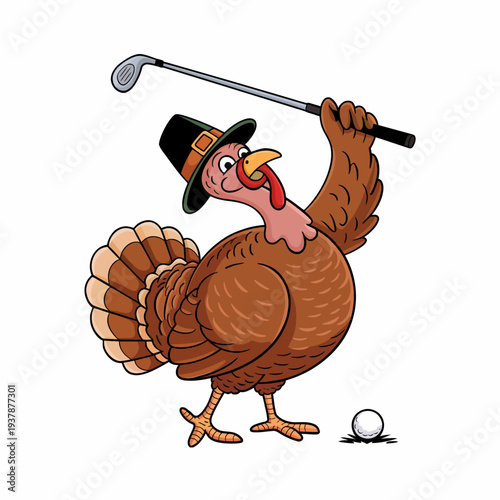A cheerful turkey swings a golf club, wearing a traditional pilgrim hat