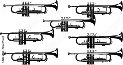Trumpet musical instrument silhouette set in black and white, detailed brass band horn illustration collection isolated on white background for music design