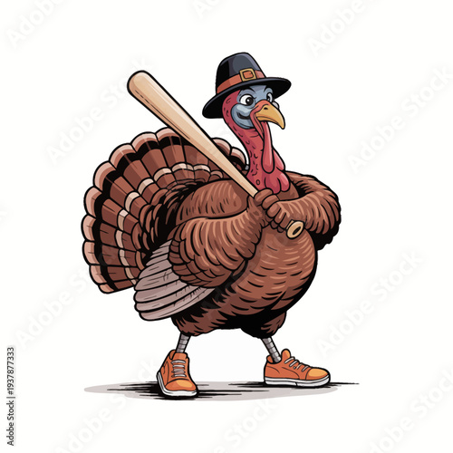 A whimsical turkey, wearing a pilgrim hat and sneakers, holds a baseball bat confidently.
