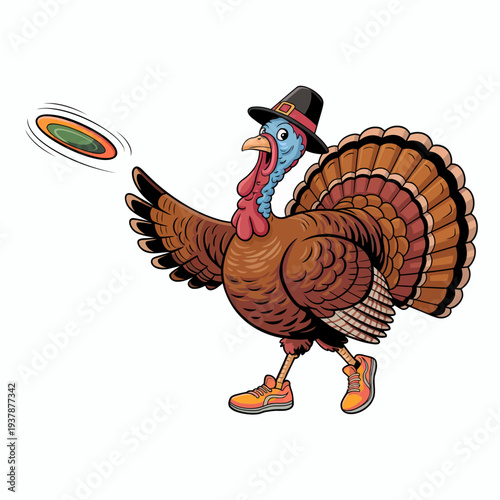 A whimsical turkey is depicted playfully tossing a frisbee. It wears sneakers and a traditional hat, adding a humorous touch to the scene