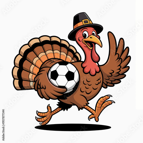 A whimsical turkey strides confidently, clutching a soccer ball under its wing