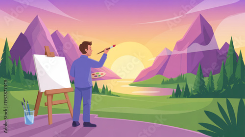 Man painting landscape on canvas with mountains and lake at sunset