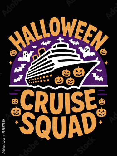 A cruise ship sails across a background filled with bats and pumpkins, capturing the spirit of Halloween festivity.