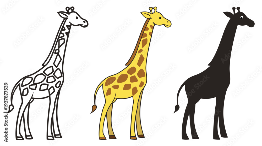 Obraz premium Vector illustration of Giraffe in Three Styles: Sketch, Colored, Silhouette