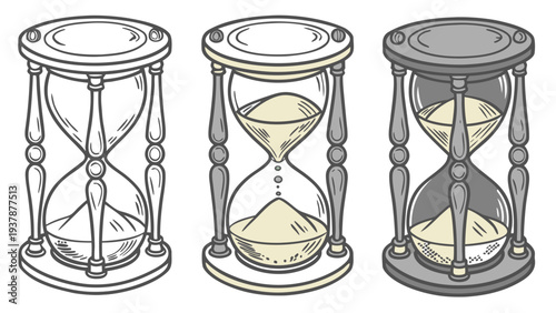 Vector illustration of Hourglass in Three Variations: Outline, Colored, Monochromatic