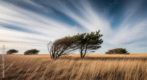 A dramatic landscape view showcasing severe weather conditions as intense seasonal winds violently sweep through dry, tall grasses and bending trees, turbulence, weather, tree