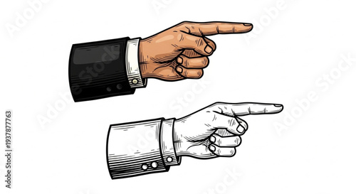 Detailed illustration of two hands pointing in opposite directions with different skin tones and sleeve styles.