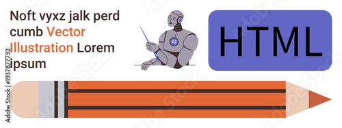 Education, coding, artificial intelligence, web design, graphic design, creative tools. AI robot holding a pointer, pencil and HTML graphic. Education and coding concepts for learning and web